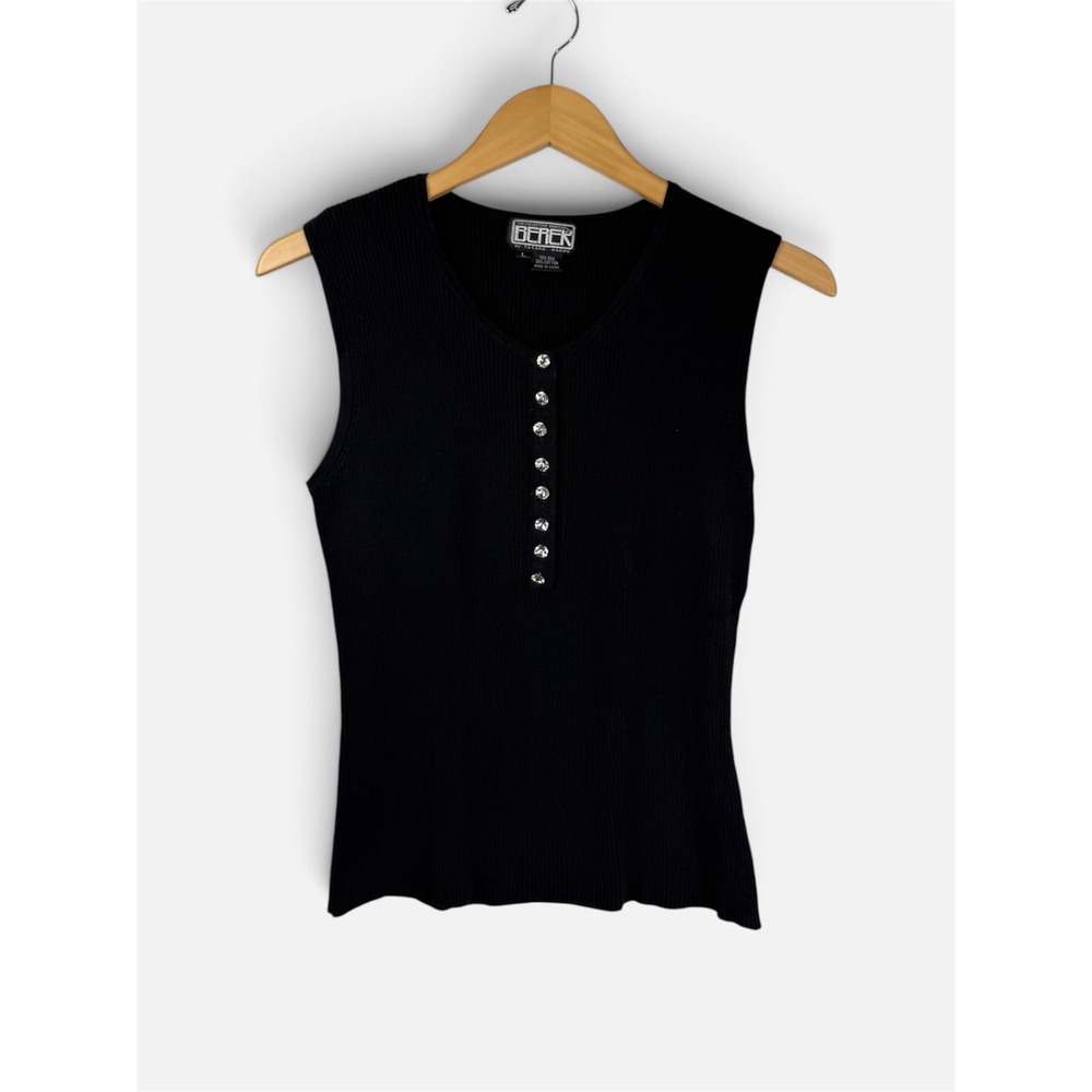 Vintage Y2K Berek 2 Takako Sakon Ribbed Silk Cotton Rhinestone Button Tank Top L